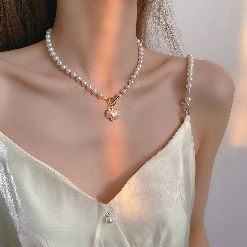 Pearl Necklace Heart Pendant For Women