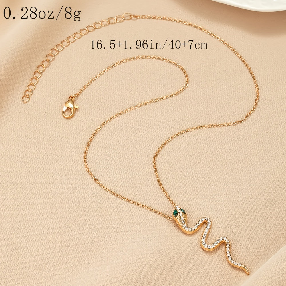 Snake Pendant Necklace Gold Sparkling Green Zircon Eye Adjustable Chain Trendy Animal Element Dainty Jewelry Gift For Women Girls Her