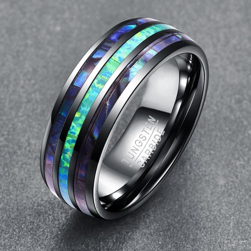 Blue Stone Inlay Tungsten Carbide Ring With Silver Polished Beveled Edges