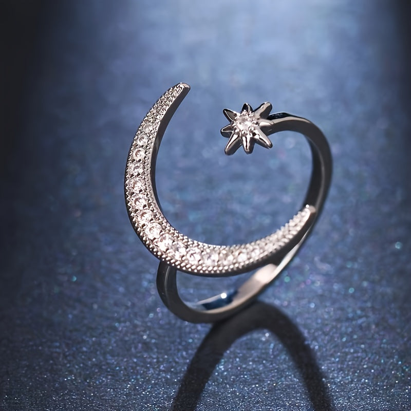 White Gold Crescent Moon & Star Adjustable Open Ring For Her In Stainless Steel