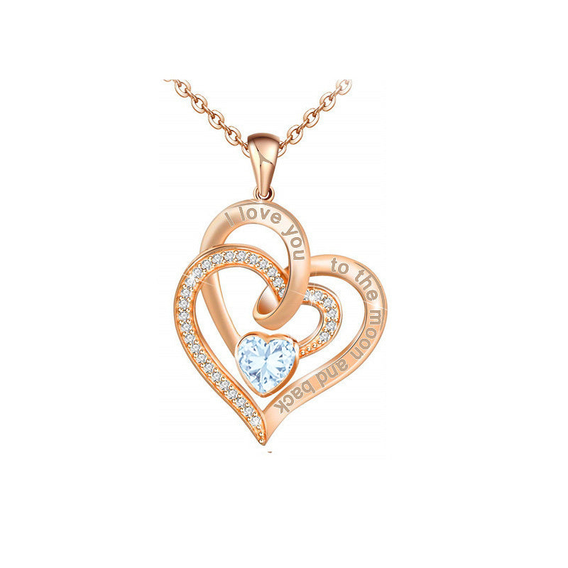 Rose Gold Double Heart Rhinestone Heart Necklace I Love You To The Moon And Back