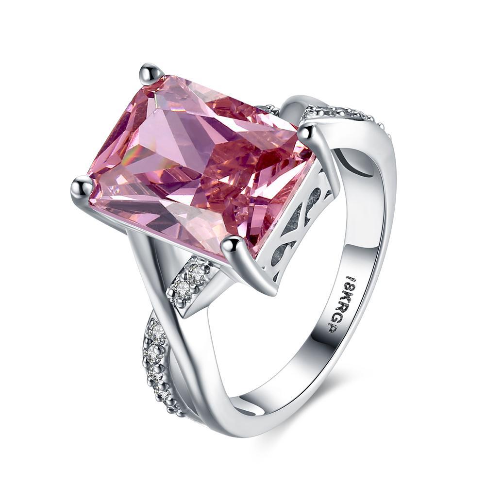 Emerald Cut Pink Crystal Swirl Ring Set In White Gold Plating Made With Austrian Elements ITALY Made