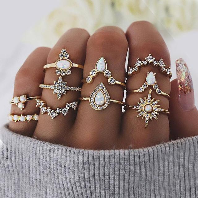 Gold Plated 10 Piece Opal Created Ring Set Crystals