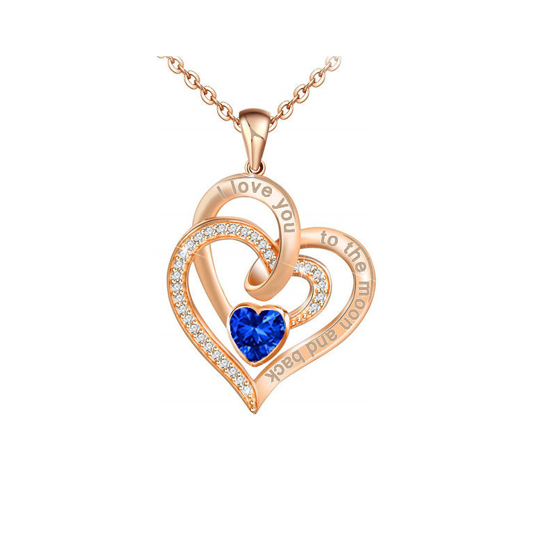 Rose Gold Double Heart Rhinestone Heart Necklace I Love You To The Moon And Back