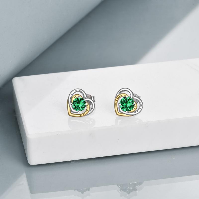 Stainless Steel Heart Stud Earrings With May Birthstone Emerald For Women