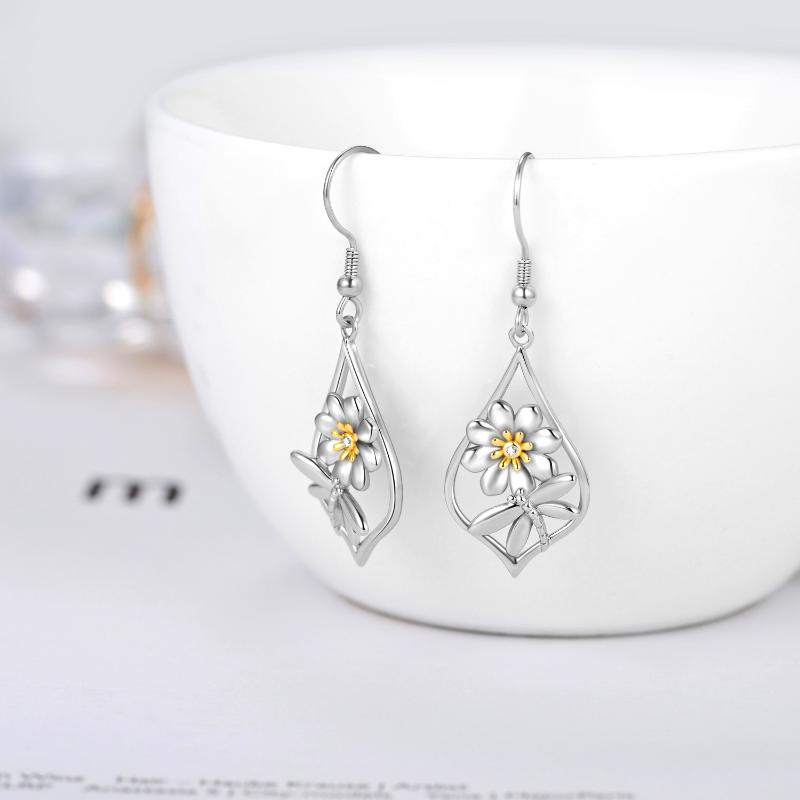 Stainless Steel Daisy Flower Dangle Drop Hooks Earrings For Women Teens