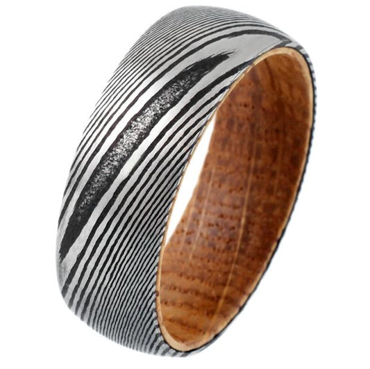 8MM Wood Grain Damascus Steel And Whiskey Barrel Ring