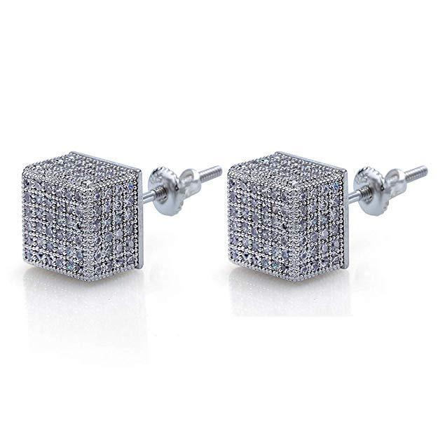 3D Cubed White Elements Stud Earrings In White Gold Men Women