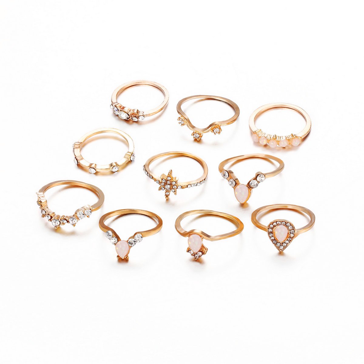 Gold Plated 10 Piece Opal Created Ring Set Crystals