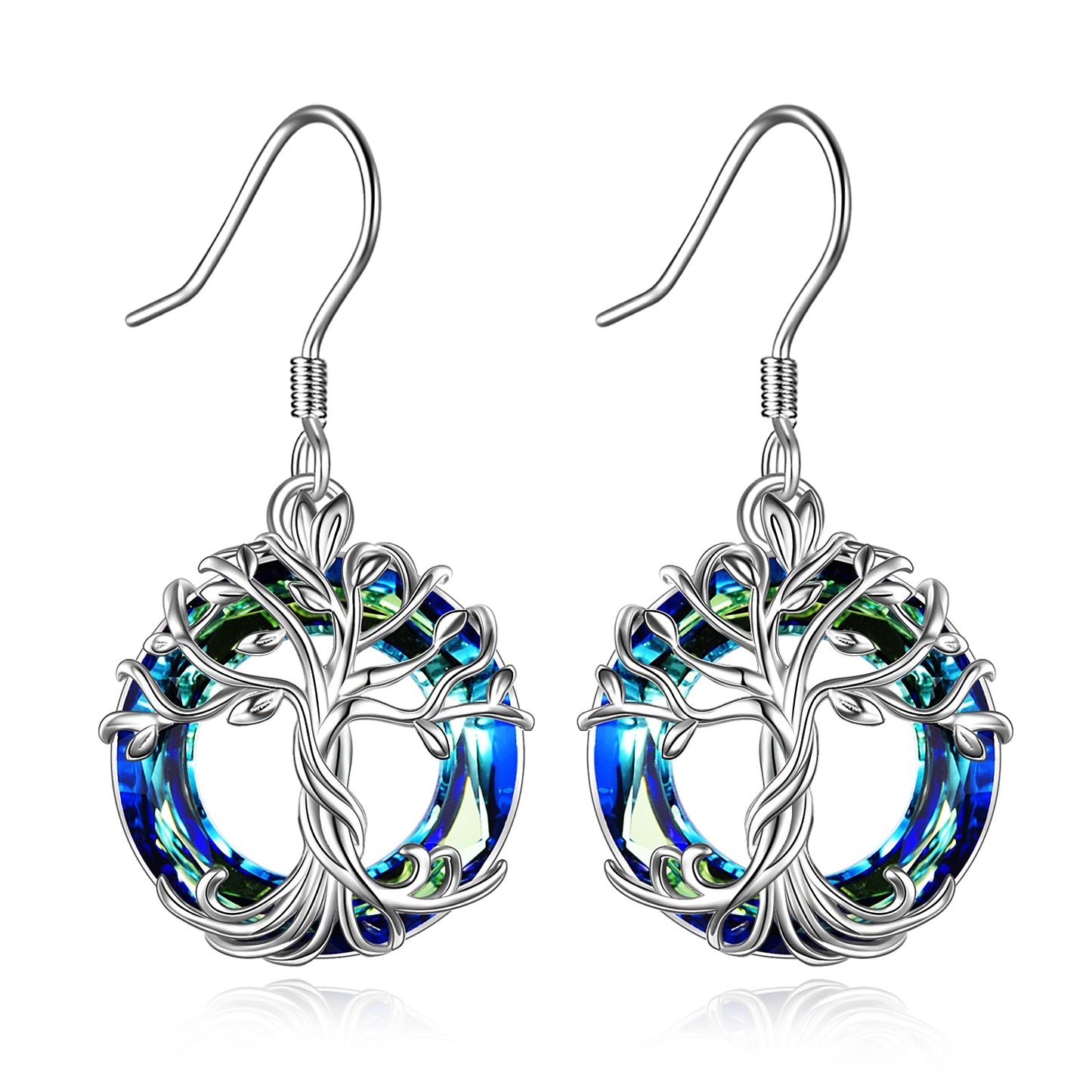 Tree Of Life Earrings Stainless Steel Dangle Drop Earrings With Blue Circle Crystal For Women