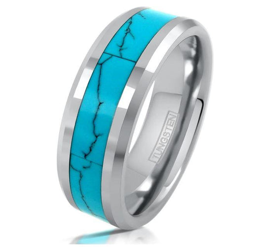 Silver Turquoise Inlay Tungsten Wedding Ring With Beveled Edges