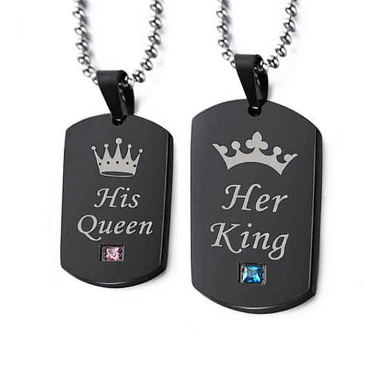 Couple Necklace His Hers Titanium Stainless Steel Pendant Crown Tag Queen & King Matching Set Gift