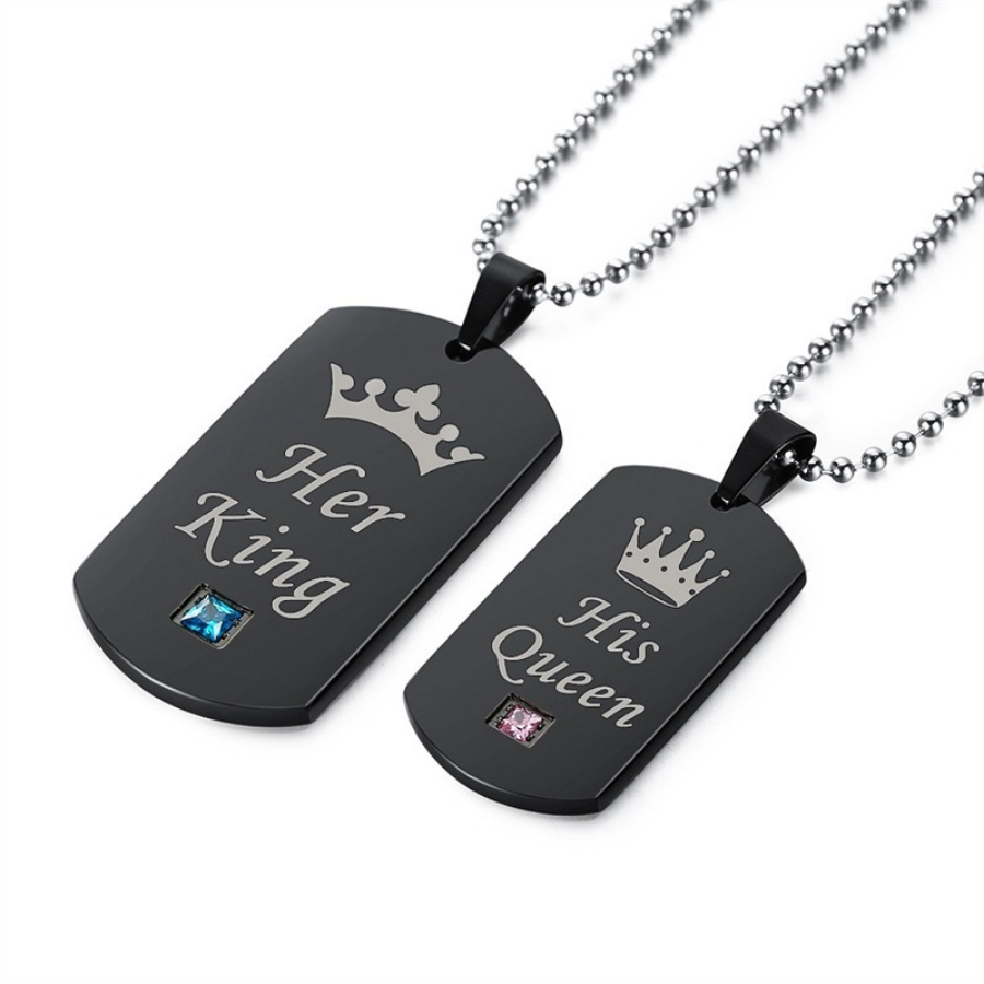 Couple Necklace His Hers Titanium Stainless Steel Pendant Crown Tag Queen & King Matching Set Gift