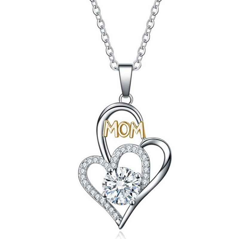 Stainless Steel Heart-Shaped MOM Double Heart Cubic Zircon Color Separation Necklace Mother's Day Gift