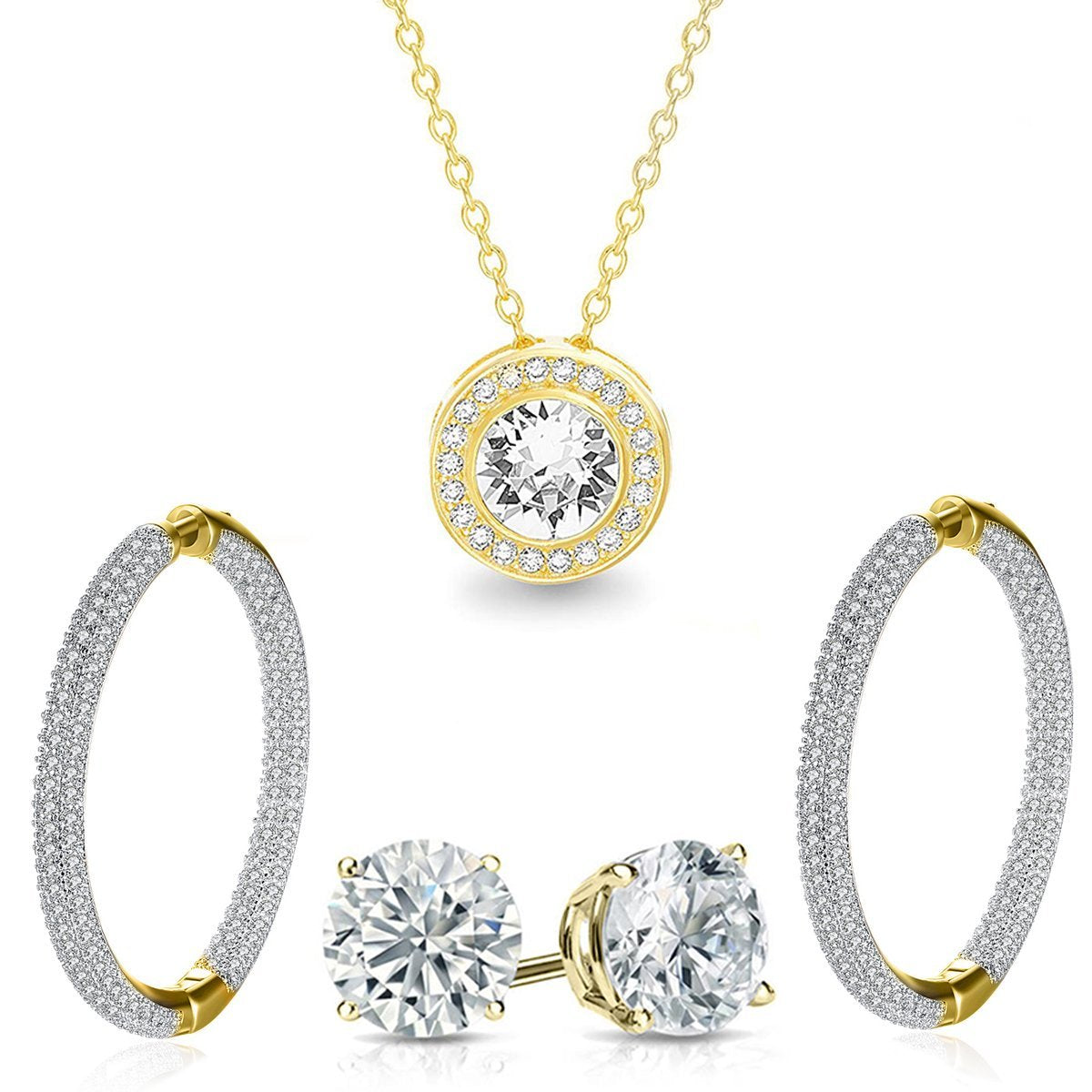 Pave Halo Disc Necklace & Pave Hoop Earring Made With Austrian Crystals With Luxe Box - Gold