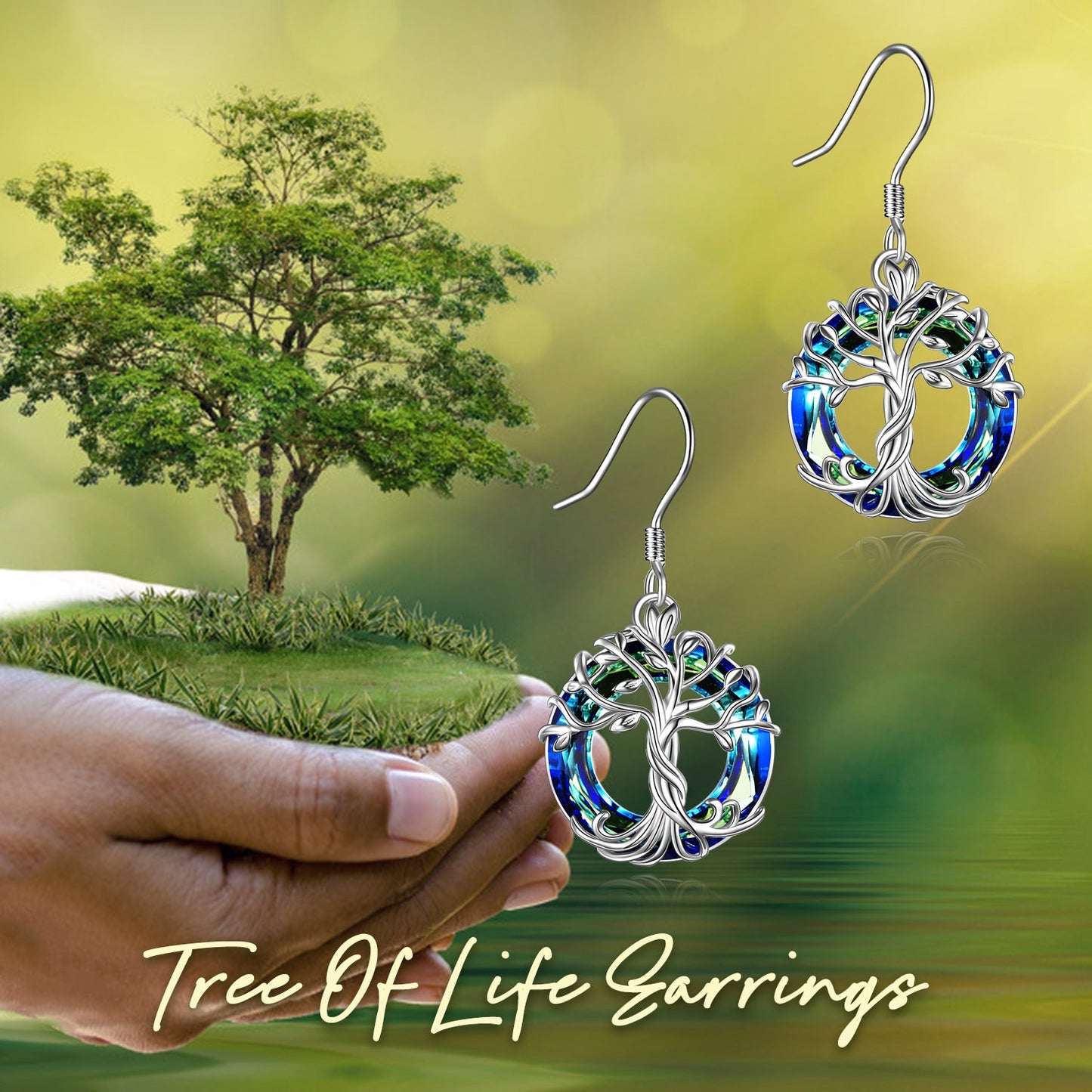 Tree Of Life Earrings Stainless Steel Dangle Drop Earrings With Blue Circle Crystal For Women