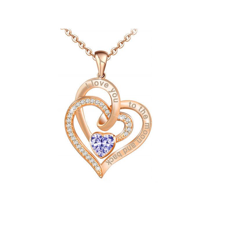 Rose Gold Double Heart Rhinestone Heart Necklace I Love You To The Moon And Back