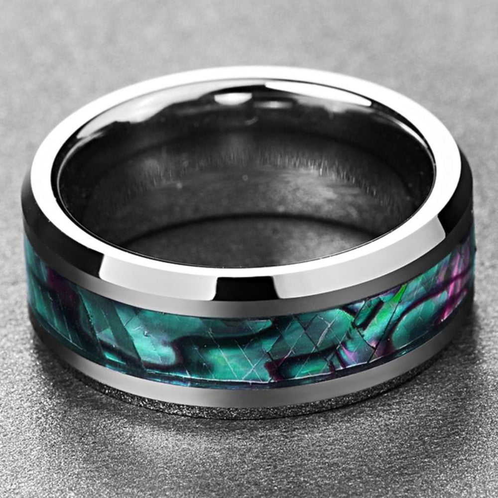 8MM Abalone Shell Beveled Tungsten Carbide Ring