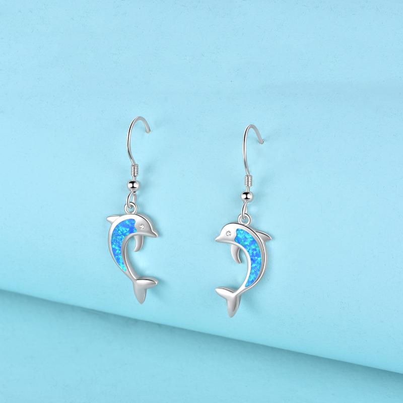 Dolphin Earrings Stainless Steel Blue Opal Ocean Themed Dangle Earrings Jewelry With Fishhook