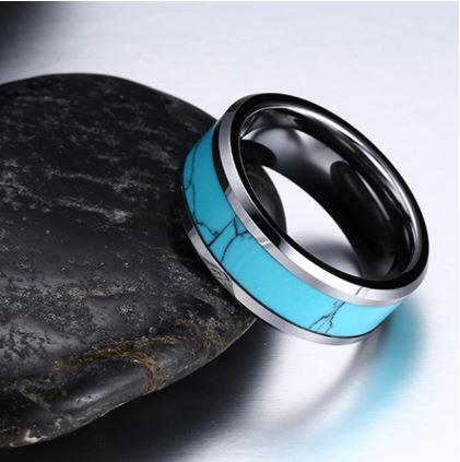 Silver Turquoise Inlay Tungsten Wedding Ring With Beveled Edges