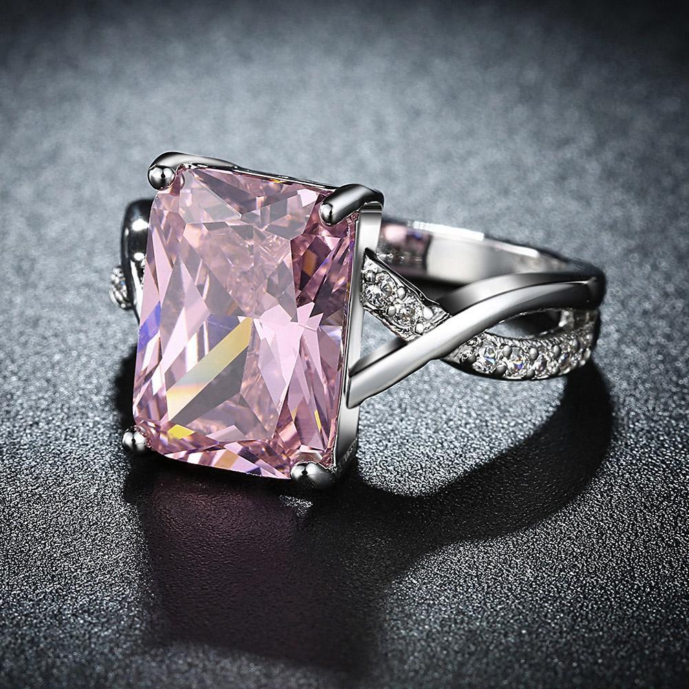 Emerald Cut Pink Crystal Swirl Ring Set In White Gold Plating Made With Austrian Elements ITALY Made