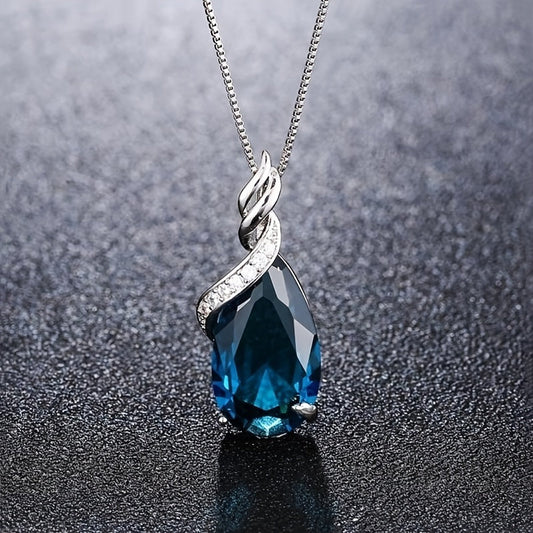 Water Drop Crystal Blue Topaz Pendant Necklace - Stainless Steel