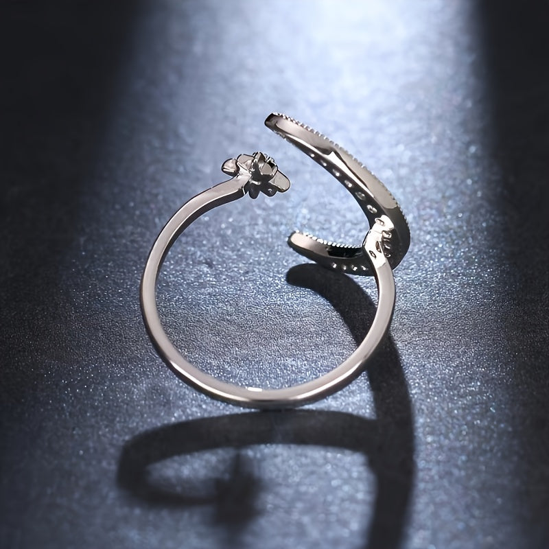 White Gold Crescent Moon & Star Adjustable Open Ring For Her In Stainless Steel