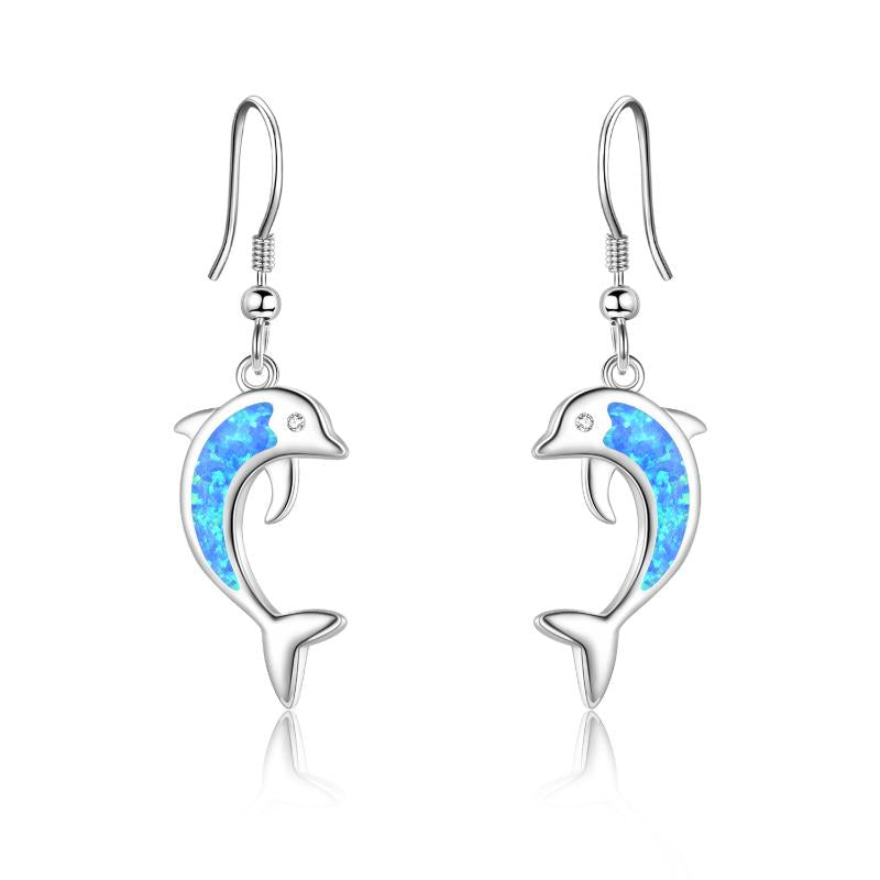 Dolphin Earrings Stainless Steel Blue Opal Ocean Themed Dangle Earrings Jewelry With Fishhook