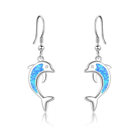 Dolphin Earrings Stainless Steel Blue Opal Ocean Themed Dangle Earrings Jewelry With Fishhook