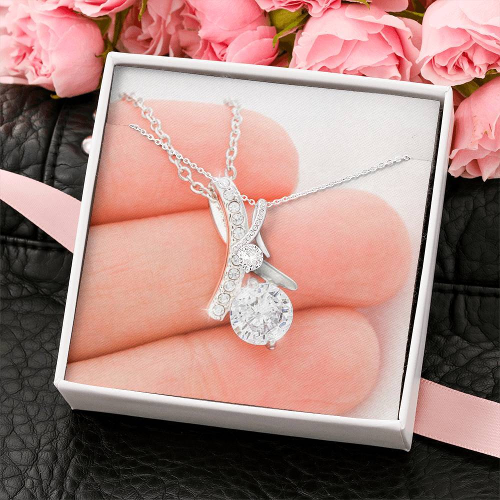 White Gold Plated Ribbon Love Necklace Made With Crystals