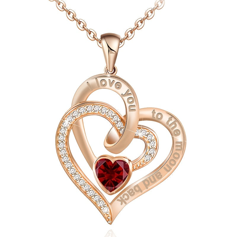 Rose Gold Double Heart Rhinestone Heart Necklace I Love You To The Moon And Back