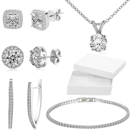 10Ct Tennis Bracelet + Halo Earring+ Necklace With  Crystals - 5 Piece Set With Luxe Box - White Gold