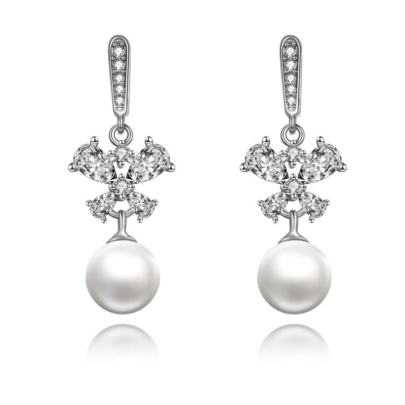 Butterfly Stainless Steel Cubic Zirconia Dangle Drop Earrings With Pearl For Women