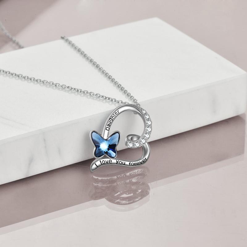 Daughter Necklace Gift For Daughter Birthday Stainless Steel With Blue Butterfly Crystal Heart Necklace