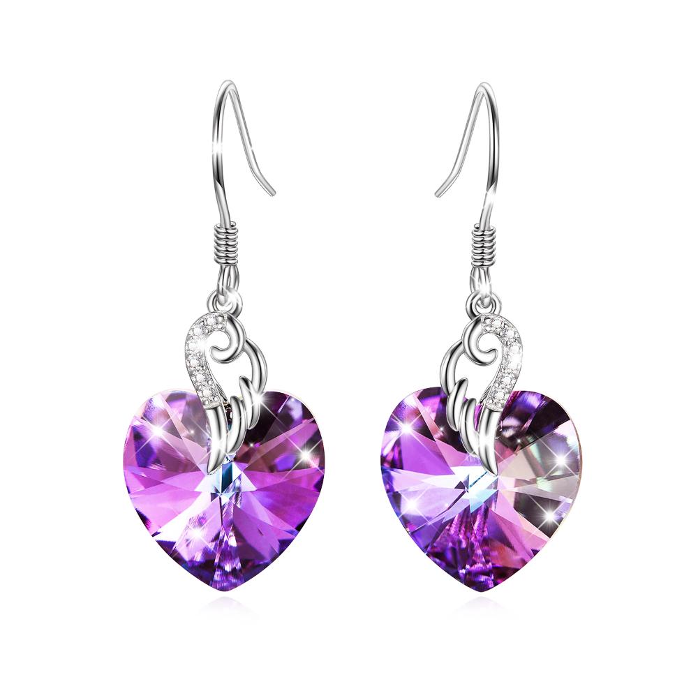 Stainless Steel Zirconia Love Heart Crystal Wing Dangle Earrings