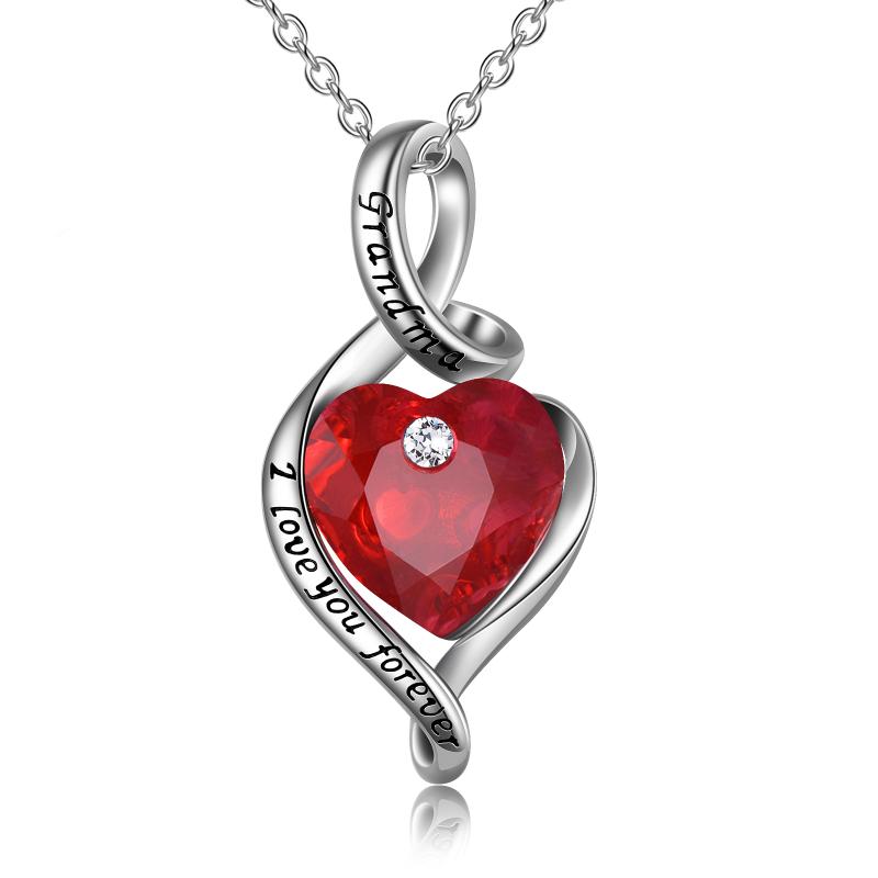 Stainless Steel With Red Heart-Shaped Crystal Necklace For Grandma