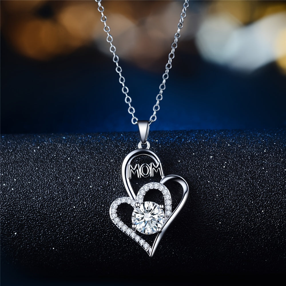 Stainless Steel Heart-Shaped MOM Double Heart Cubic Zircon Color Separation Necklace Mother's Day Gift