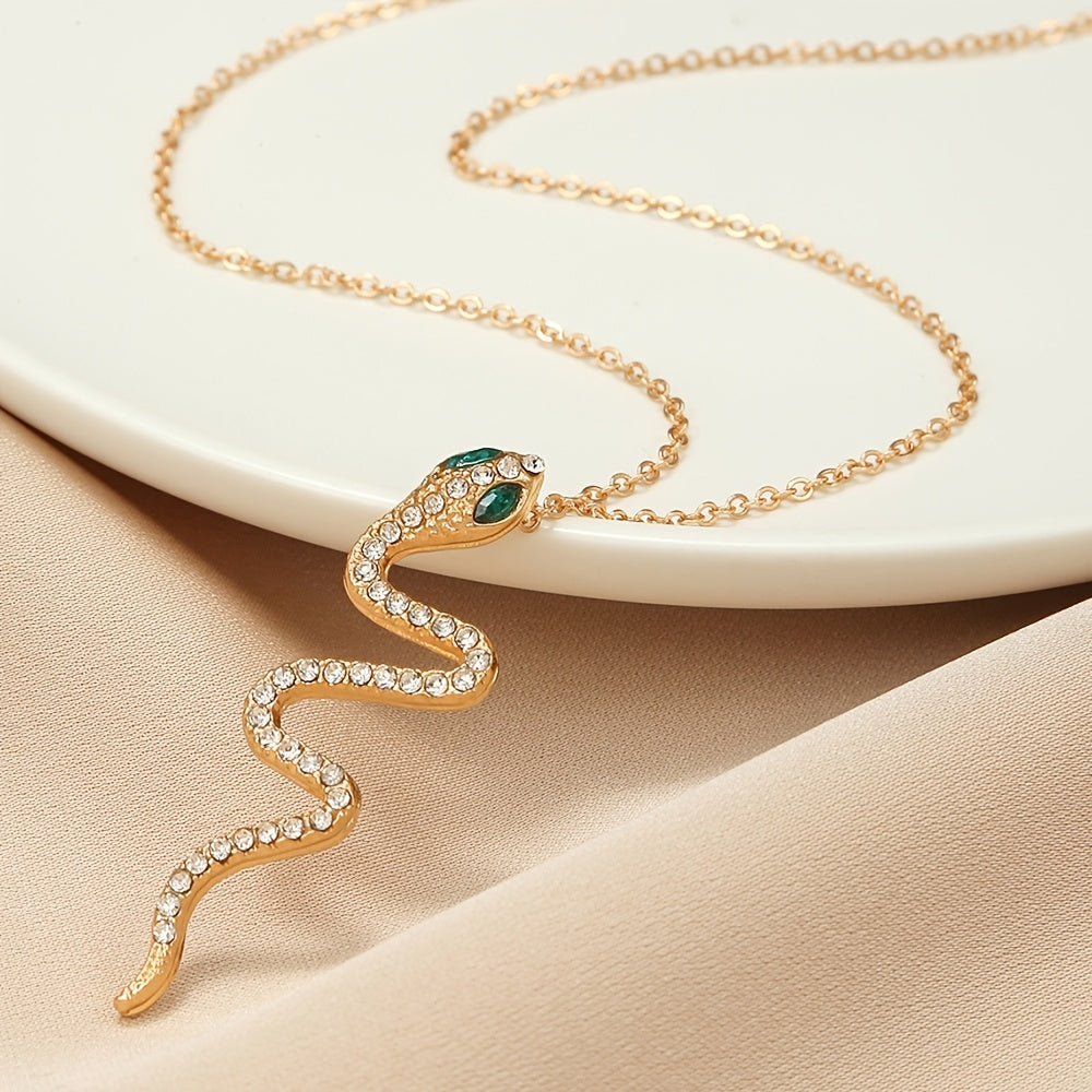 Snake Pendant Necklace Gold Sparkling Green Zircon Eye Adjustable Chain Trendy Animal Element Dainty Jewelry Gift For Women Girls Her