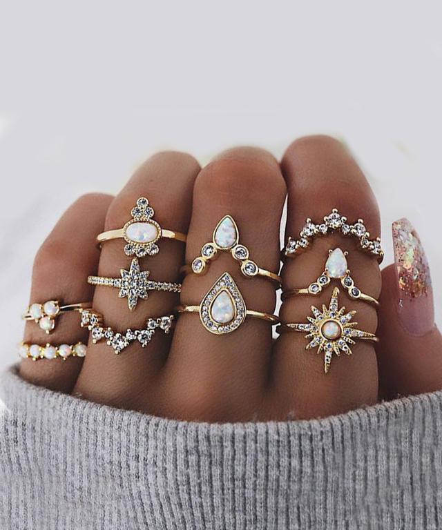 Gold Plated 10 Piece Opal Created Ring Set Crystals