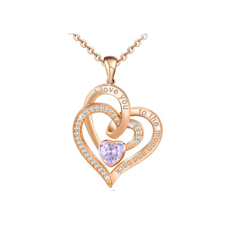 Rose Gold Double Heart Rhinestone Heart Necklace I Love You To The Moon And Back