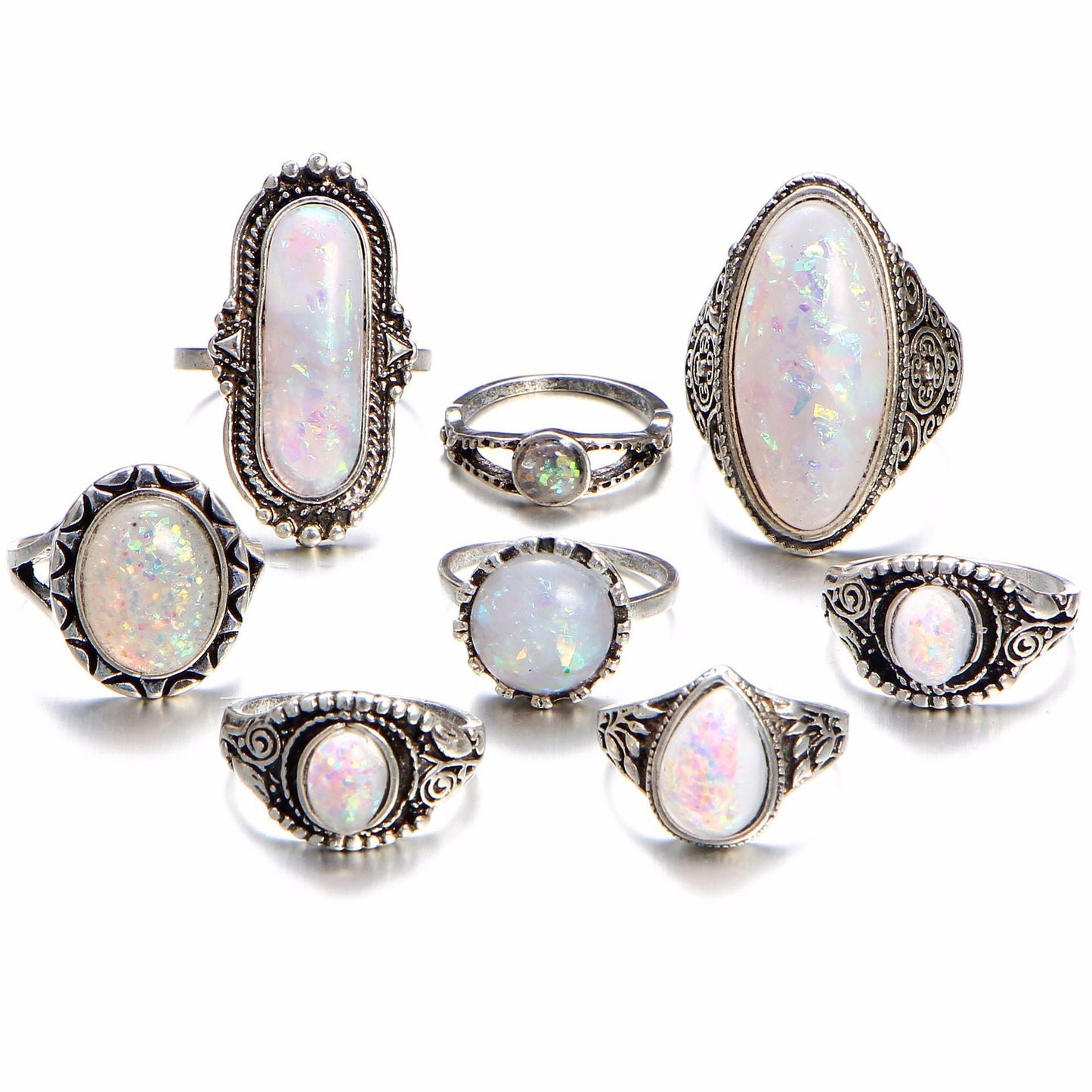 White Gold Plated 8 Piece Opal Ring Set With Austrian Crystals