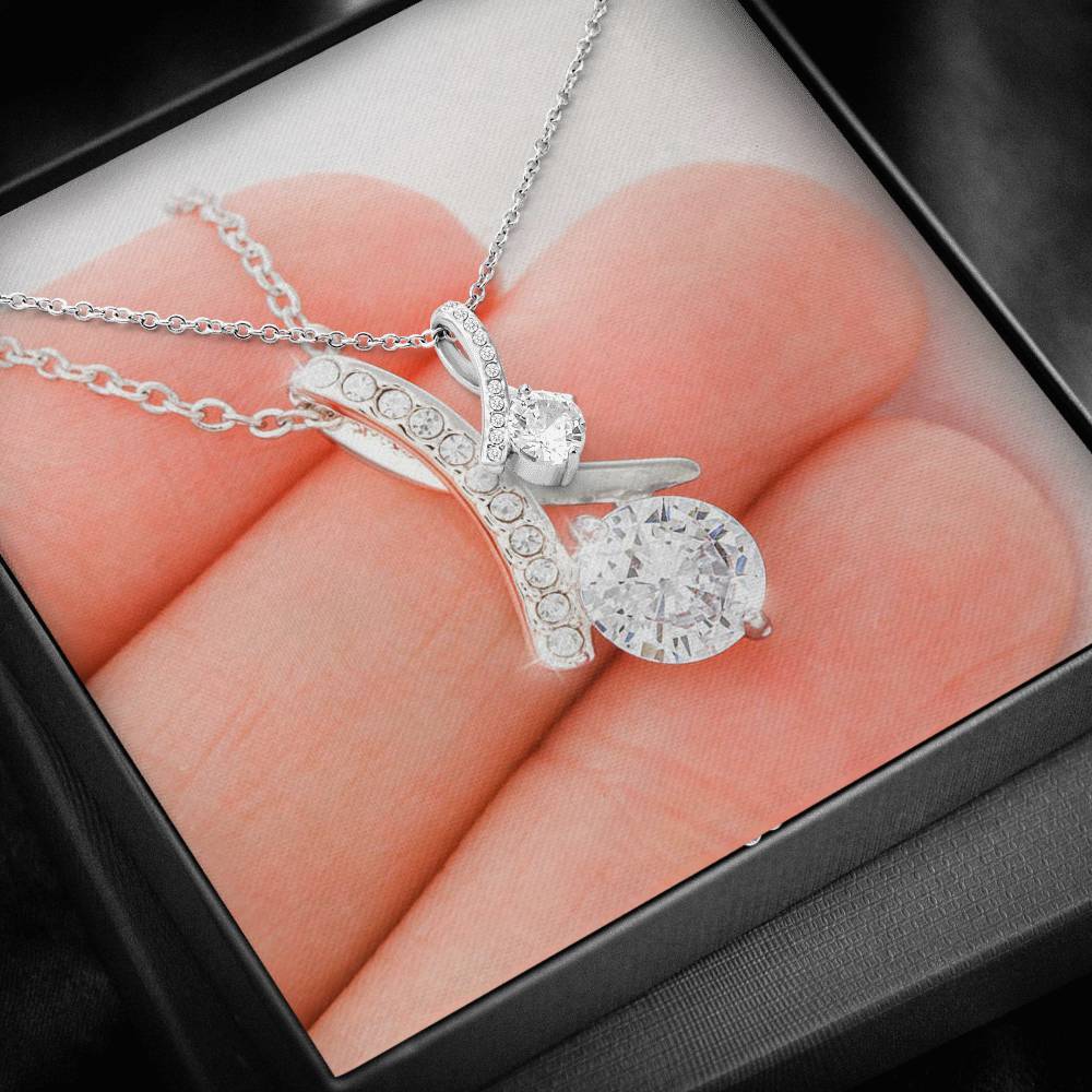 White Gold Plated Ribbon Love Necklace Made With Crystals