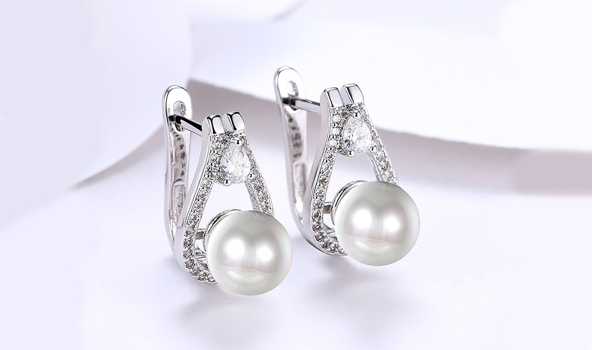 White Gold Plating Austrian Elements Pav'e Freshwater Pearl Pear Cut Earrings