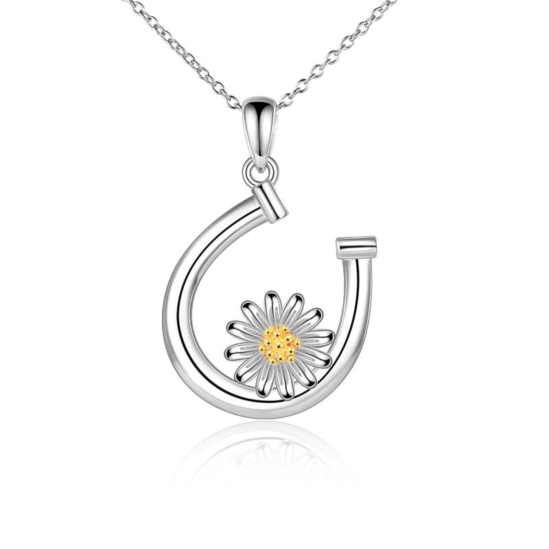 Stainless Steel Daisy Flower Horseshoe Pendant Necklace Jewelry Gift For Women