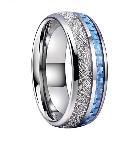 Men's Tungsten Carbide Wedding Band, Engagement Ring With Baby Blue Carbon Fiber