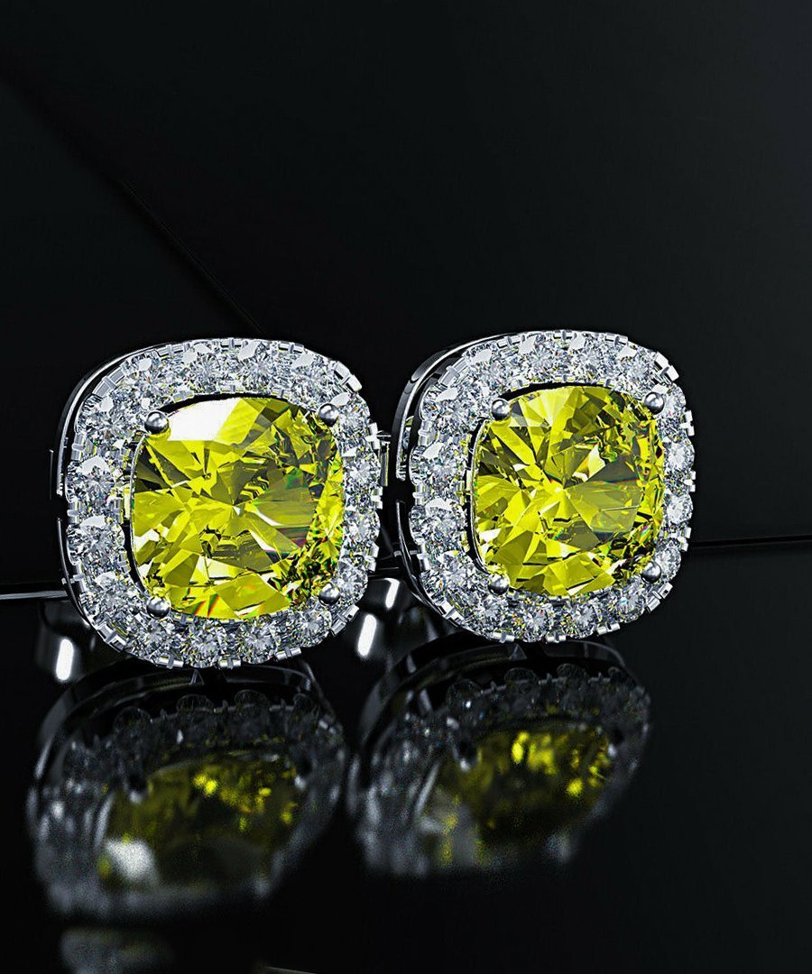 Princess Halo Cut Stud Earring With Austrian Crystals - Yellow In White Gold Plated