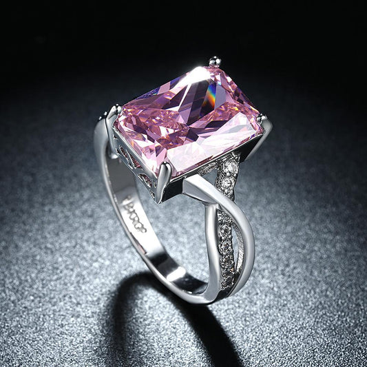 Emerald Cut Pink Crystal Swirl Ring Set In White Gold Plating Made With Austrian Elements ITALY Made