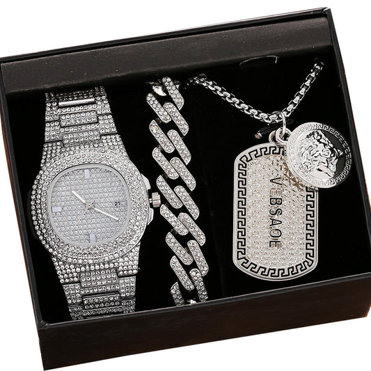 3pcs/set Quartz Watch & Rhinestone Bracelet & Necklace Gifts For Men Father's Day Anniversary