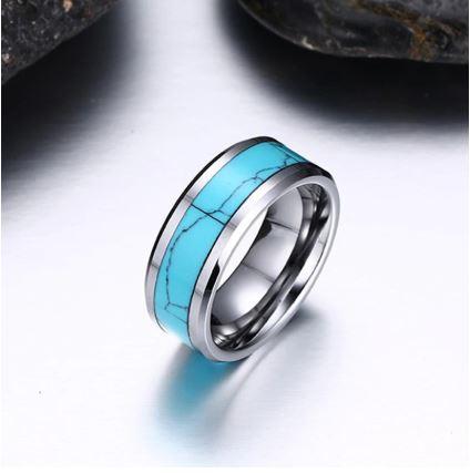 Silver Turquoise Inlay Tungsten Wedding Ring With Beveled Edges