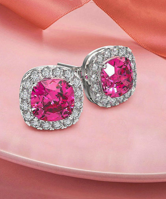 Princess Halo Cut Stud Earring With Austrian Crystals - Pink In White Gold Plated